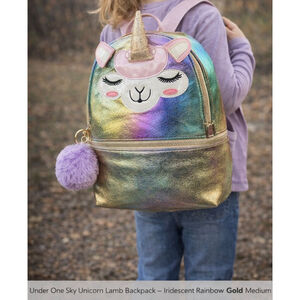 Under One Sky Unicorn Lamb Backpack Iridescent Rainbow Gold Medium Bag Pom Charm
